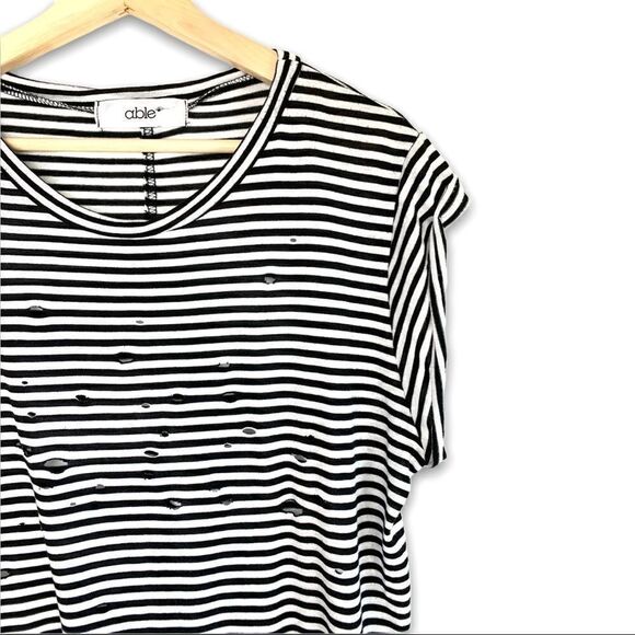 able Striped Distressed Slashed Rolled Sleeve Top - Picture 4 of 8